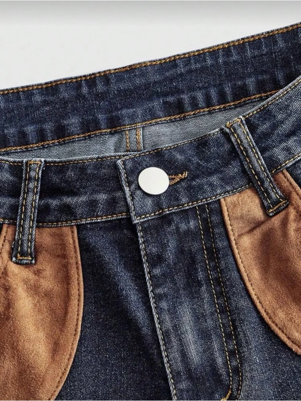Dark Blue Stretch Denim Fringe Shorts with Brown Suede Pockets